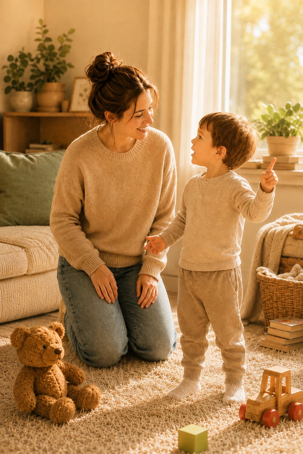 Parent and child sharing warm eye contact and natural conversation
