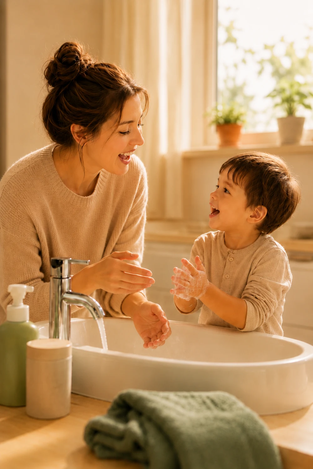 Parent and child talking naturally while washing hands