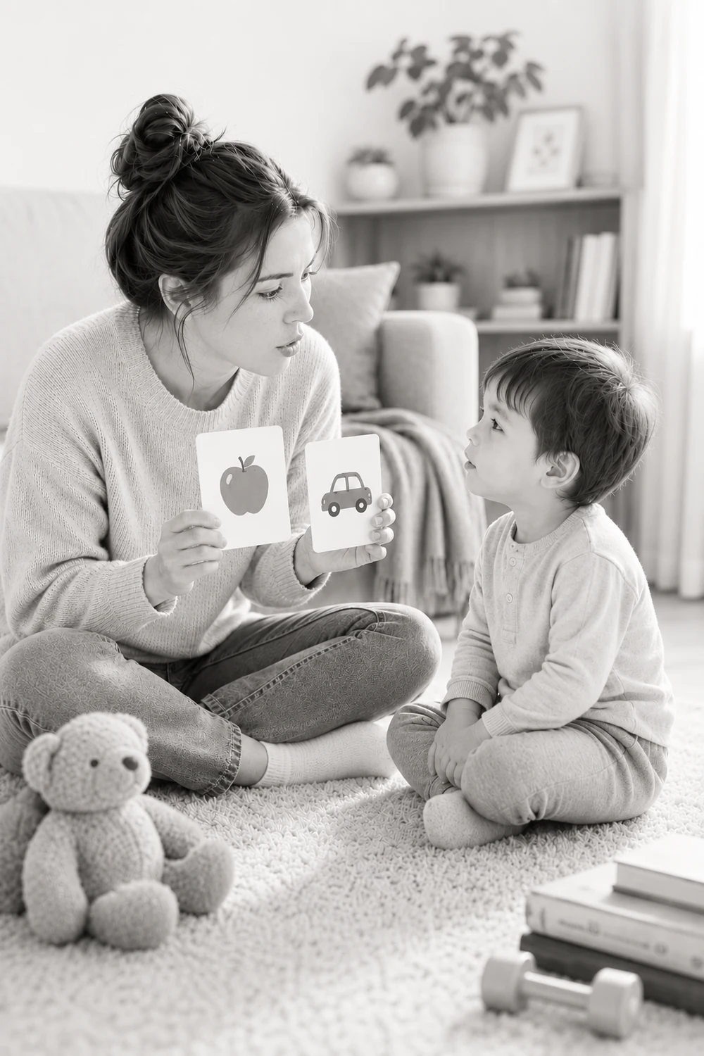 Parent using flashcards for word practice with her child